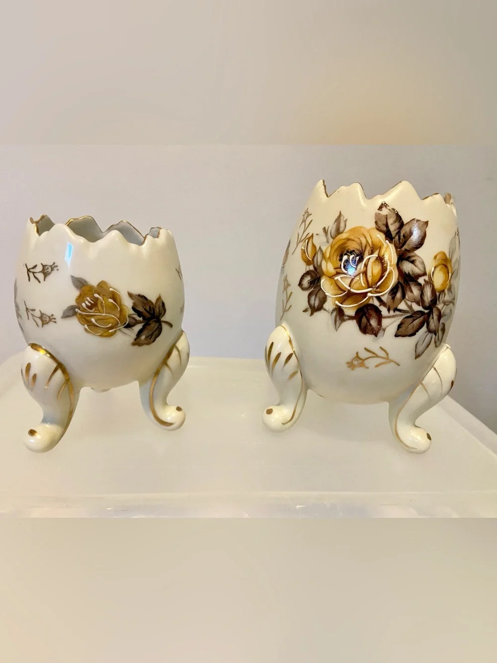 Pair of Vintage Napcoware Cracked Egg Vases with Brown and Gold Flowers